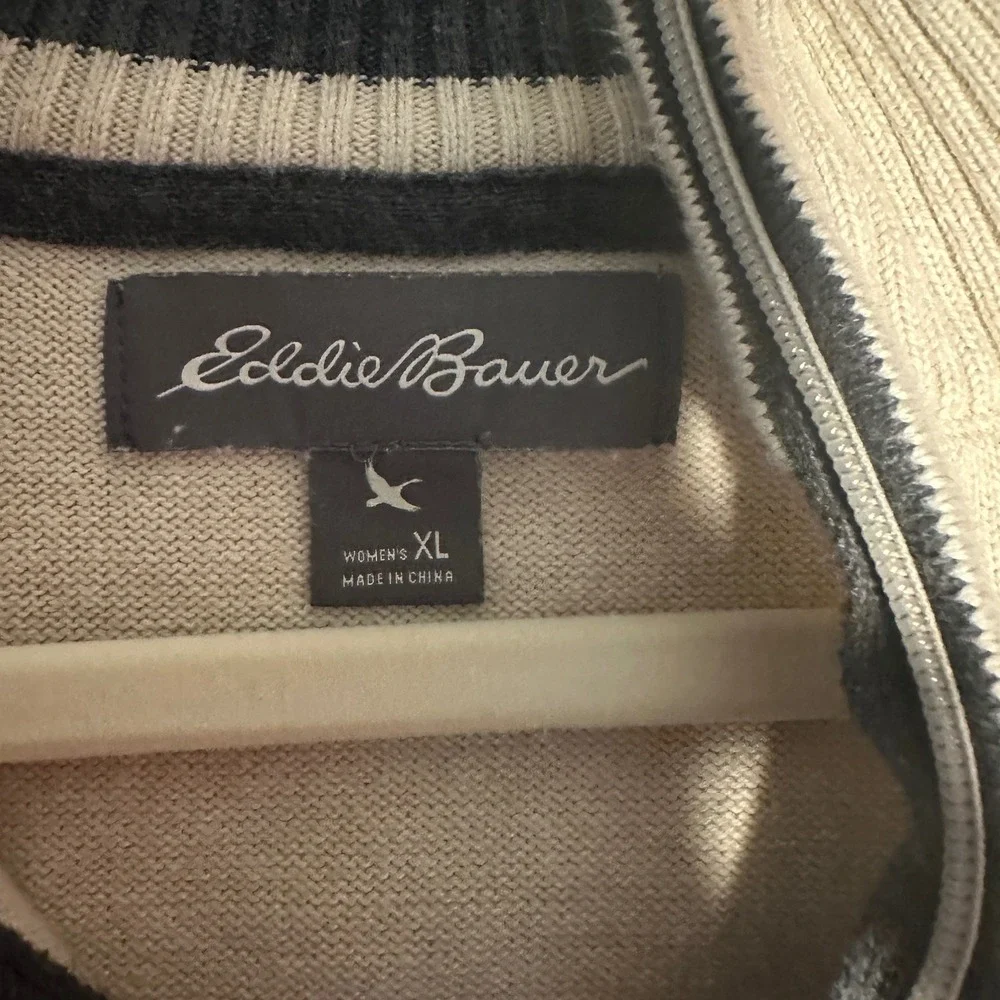 Eddie Bauer Quarter Zip Sweater Ivory Beige XL Striped‎ Pullover Cotton Casual
